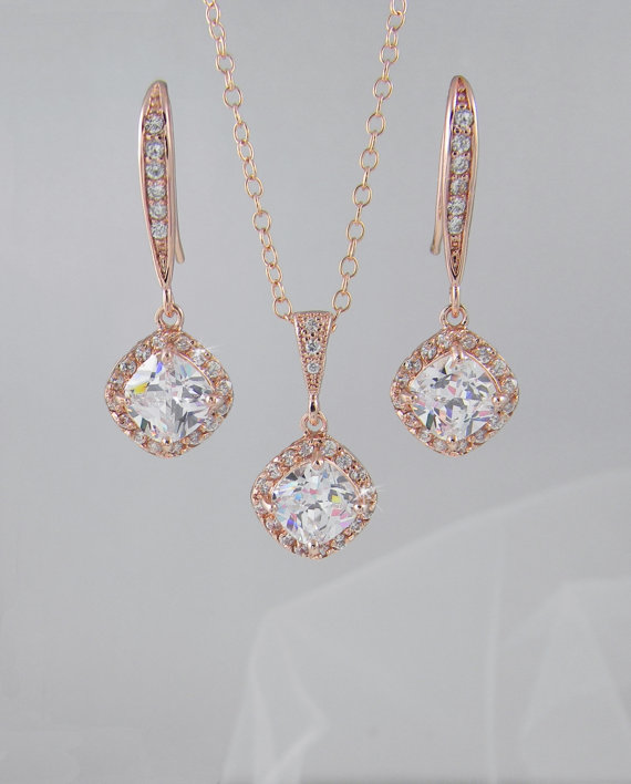 Rose Gold Bridal Jewelry SET, Cushion Cut Crystals, Bridesmaid Jewelry ...