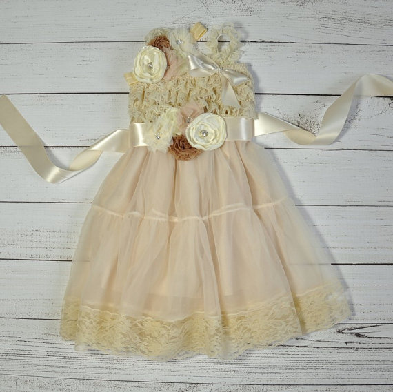 Lace Vintage Shabby Chic Rustic Ivory Blush Flower Girl Dress Baby Lace ...