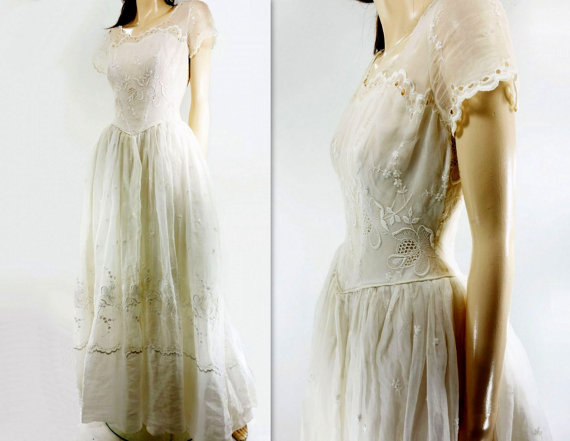 60s Wedding Dress, Vintage Wedding, Cotton Organza, Scalloped Eyelet ...