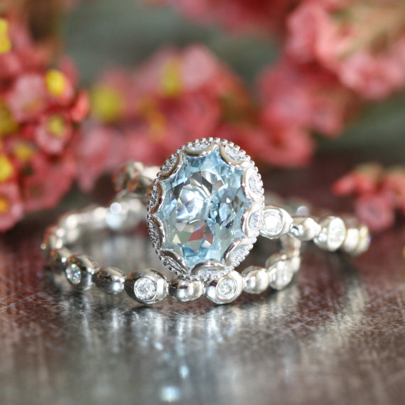 Floral Aquamarine Engagement Wedding Ring Set In 14k White Gold, 9x7mm ...