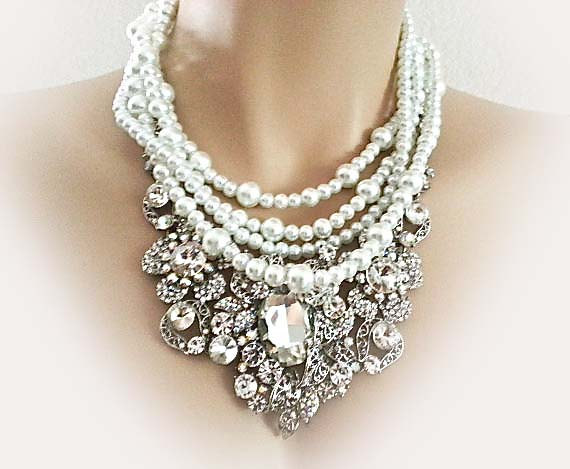 Pearl Rhinestone Bridal Jewelry Set Necklace Earrings Wedding Pearl Rhinestone Bridal Jewelry Set Necklace Earrings Wedding Jewellery In Vintage Chunky Style