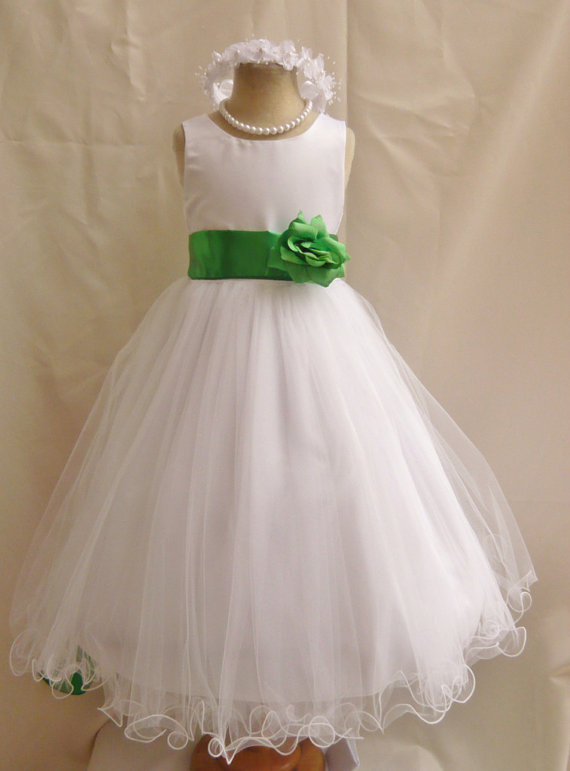 Flower Girl Dresses - WHITE With Green Kelly (FD0FL) - Wedding Easter ...