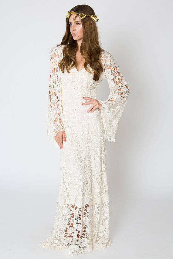 Vintage-Inspired Bohemian Wedding Gown. BELL SLEEVE LACE Crochet Ivory ...
