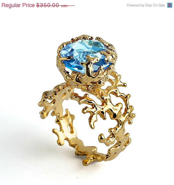 20% Off SALE - CORAL Blue Topaz Engagement Ring, Statement Ring, Gold ...