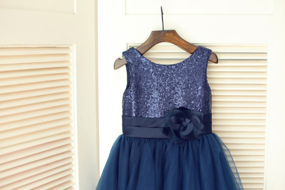 Navy Blue Sequin Tulle Flower Girl Dress Children Toddler Party Dress ...