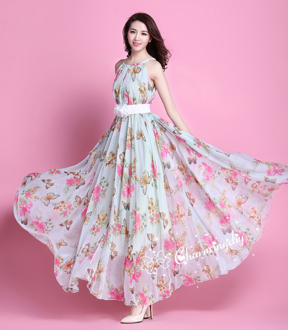 29 Colors Chiffon Butterfly Pink Flower Long Party Evening Wedding ...