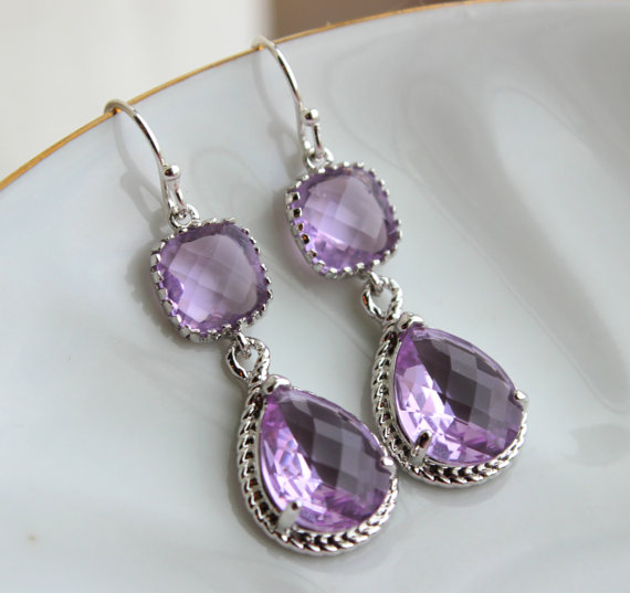 Silver Lavender Earrings Lilac Purple Jewelry Teardrop Glass Two Tier ...