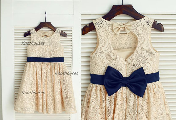 Champagne Lace Navy Blue Sash Bow Keyhole Backless Open Back Flower ...