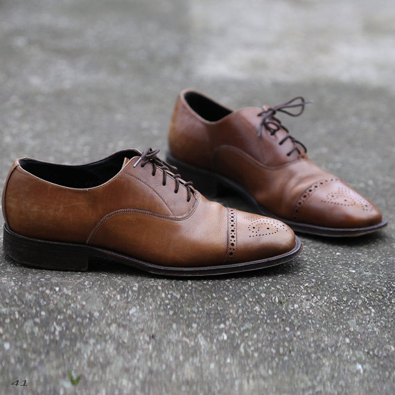Leather DERBY Shoes . Mens Vintage Oxfords Brown Retro 80s Wing Tip Cap ...