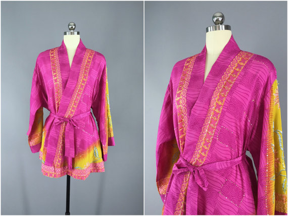 Silk Kimono Cardigan / Kimono Jacket / Vintage Indian Sari / Short Robe ...
