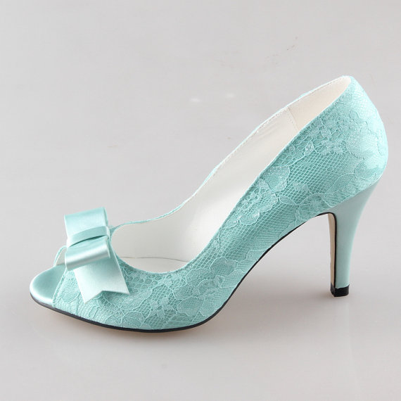 Light Green Fresh Mint Lace Bow Shoes Wedding Party Shoes - Peep Toe ...