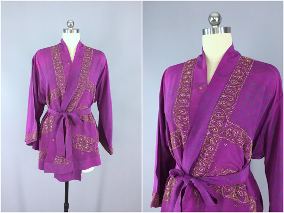 Silk Kimono Cardigan / Kimono Jacket / Vintage Indian Sari / Short Robe ...