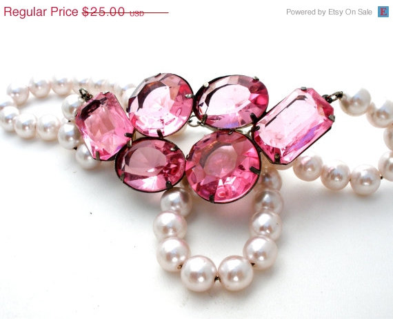 32% Off Pink Rhinestone Necklace, Vintage Pearls, Rockabilly Jewelry ...