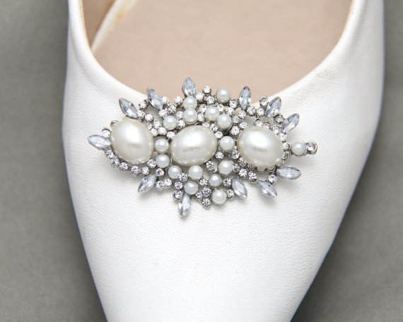 A Pair Of White Faux Pearl Crystal Shoe Clips, Rhinestone Crystal Shoe ...