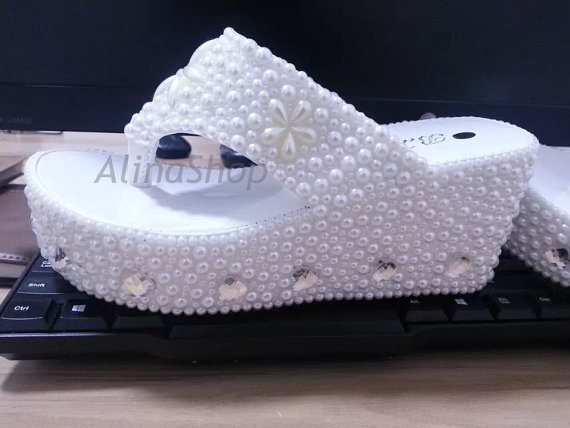 Wedding Sandals White Pearl Bridal Flip Flop Shoes Wedge Wedding Flip ...