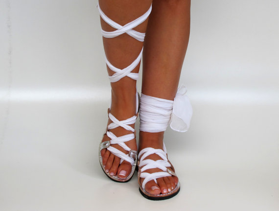 White Lace Up Leather Sandals, Unique Design, With Silk Scarf Straps ...
