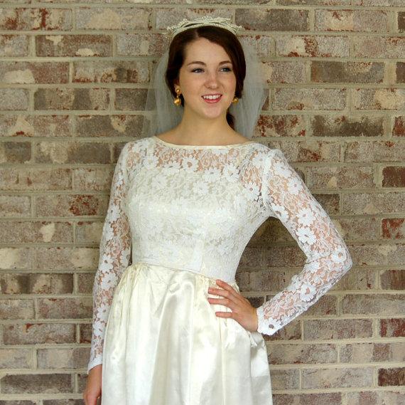 1950s Wedding Dress, Ivory Satin Wedding Gown, Lace Wedding Dress, Lace ...