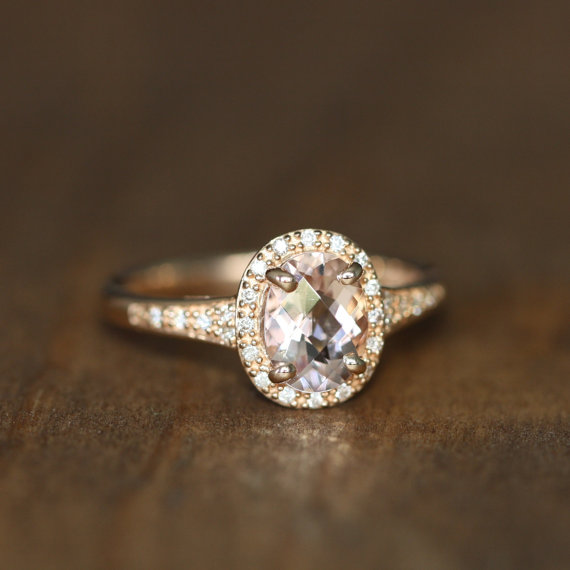 Pink Morganite Halo Diamond Engagement Ring 14k Rose Gold Oval ...