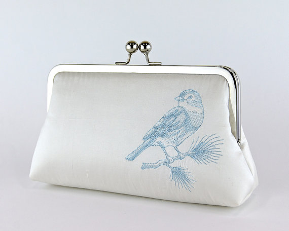 Silk Clutch With Embroidered Bluebird In IVORY Or WHITE, Wedding Clutch ...