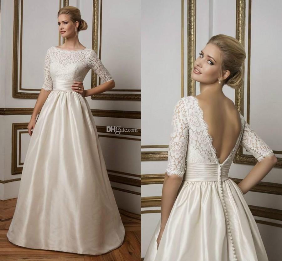 Stunning Half Sleeves Lace Satin Wedding Dresses 2016 Sheer Ivory Gowns ...