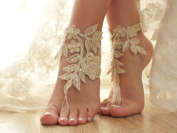 Champagne Gold Beach Wedding Barefoot Sandals, Lace Sandals #2379066 ...