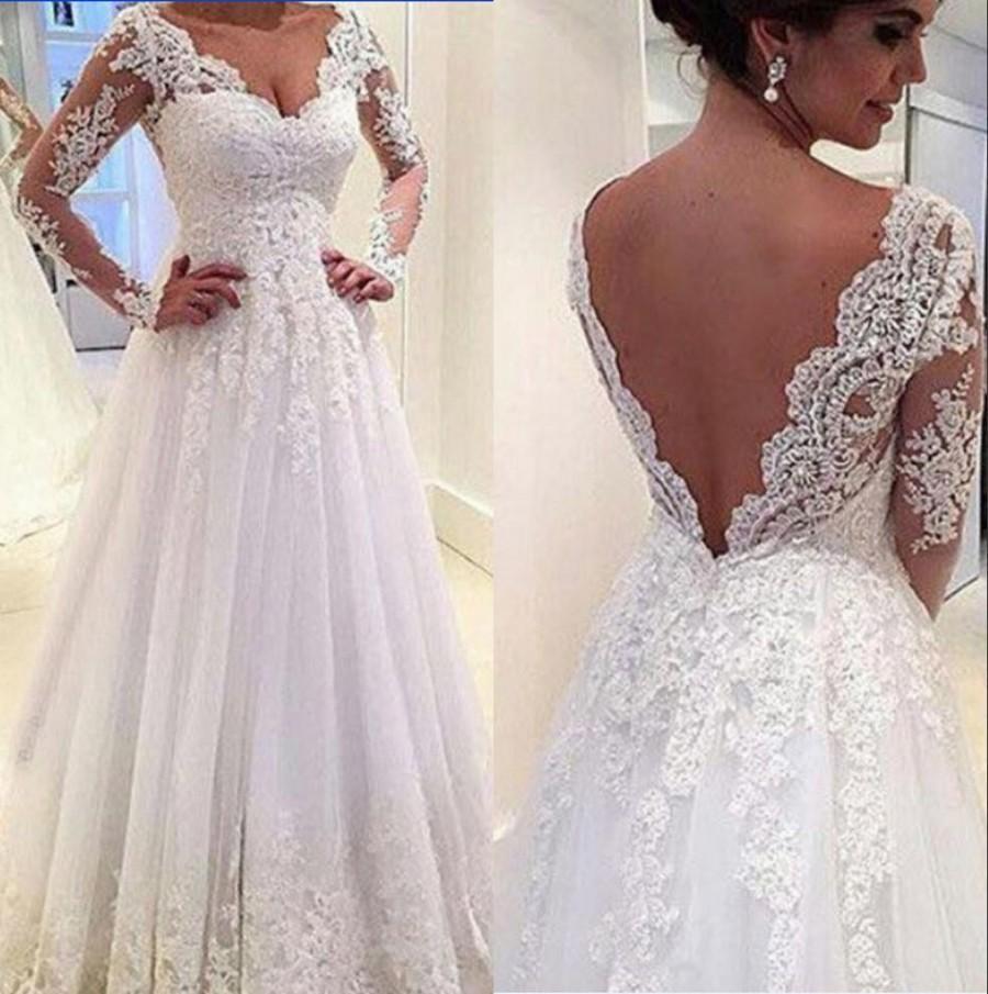 Real Image Long Sleeve Lace Wedding Dresses 2015 White Illusion Sheer ...
