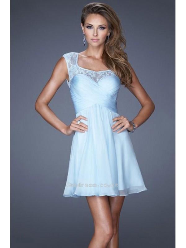 A Line Short Mini Square Neckline Open Back Lace And Chiffon Homecoming ...