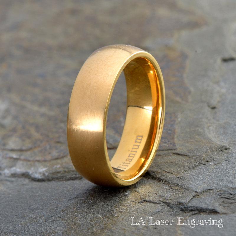 Mens Titanium Wedding Band, Yellow Gold Plated Brushed Domed Ring, His ...