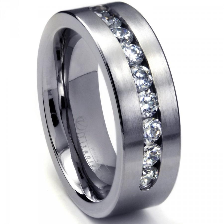 8 MM Men's Titanium Ring Wedding Band With 9 Large Channel Set CZ ...