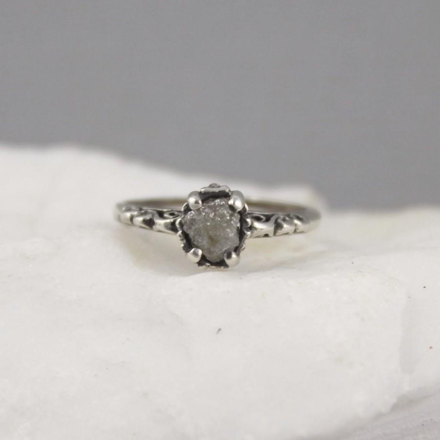 Raw Diamond Engagement Ring - Oxidized Silver Filigree Wedding Ring ...