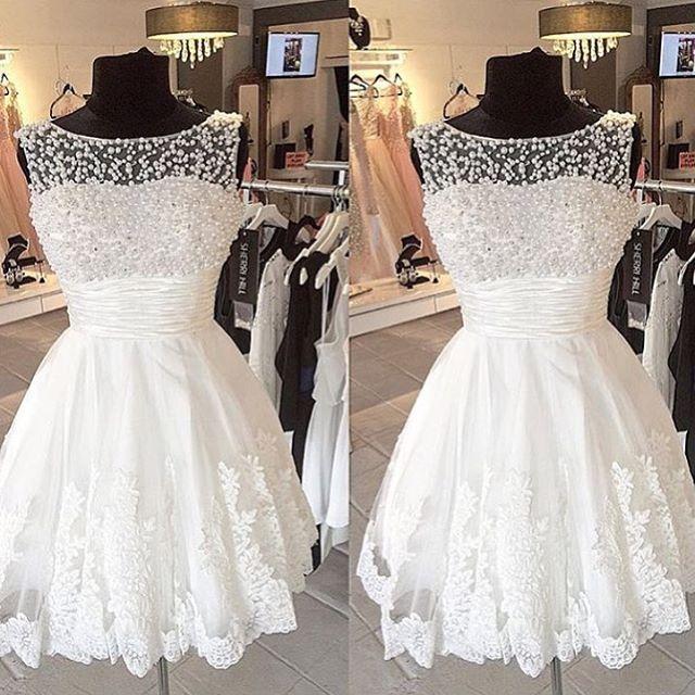 Real Picture Short Beach Wedding Dresses 2015 Lace Beads Sheer Applique ...
