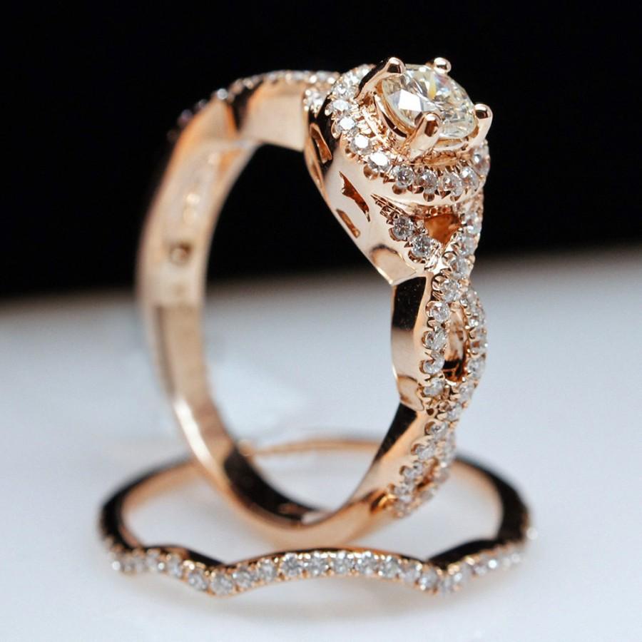 Round Halo Twist Diamond Engagement Ring 14k Rose Gold Complete Wedding ...