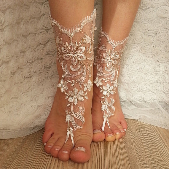 Copper Frame Bridal Anklet, Ivory Frame Beach Wedding Barefoot Sandals ...