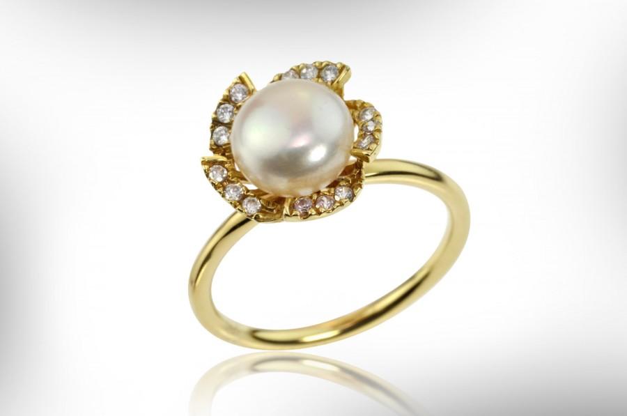Pearl And Diamond Engagement Ring, 14k Gold Engagement Ring, Bride ...
