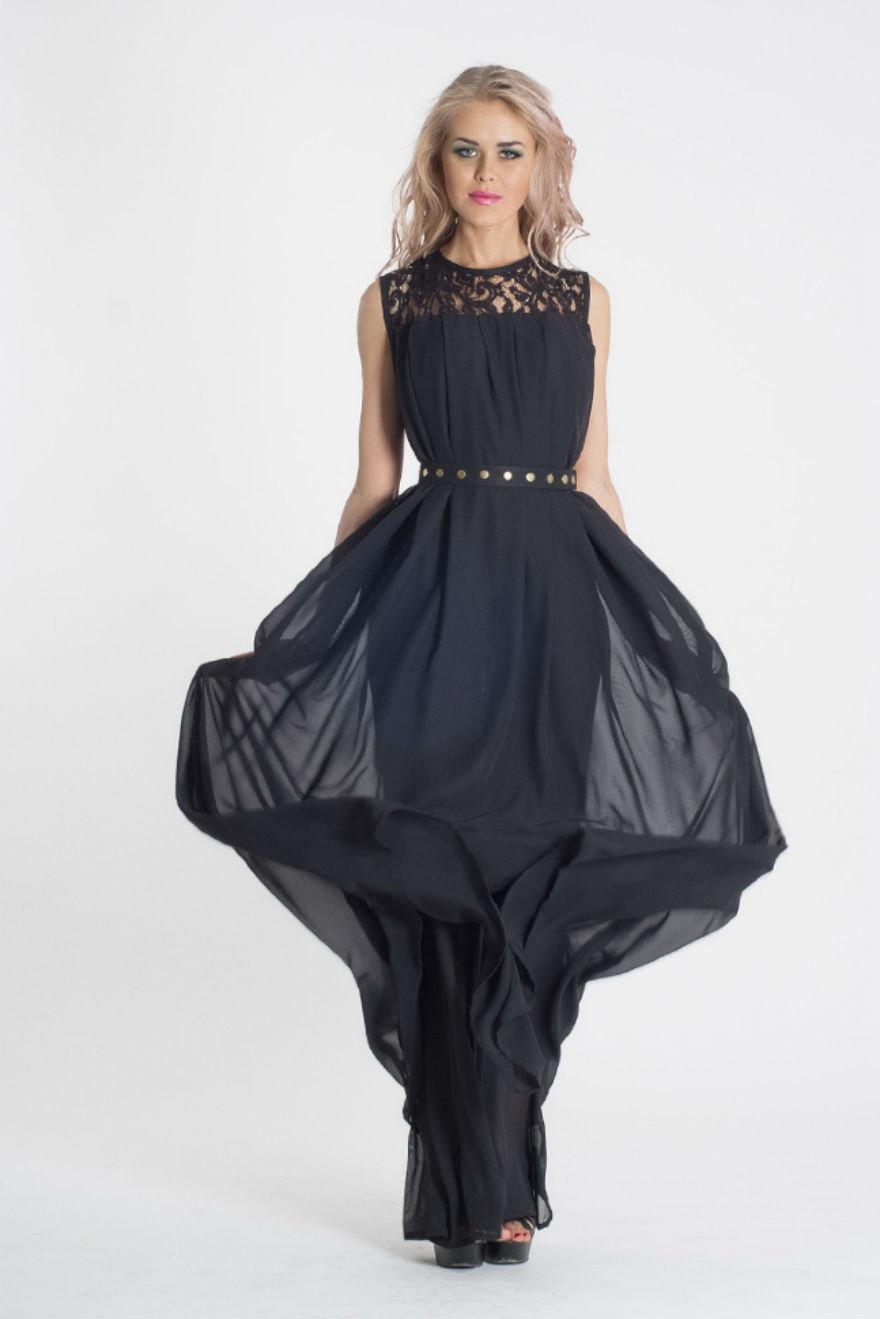 Dark Blue Maxi Dress.Chiffon Evening Dress.Bridesmaid Lace Dress ...