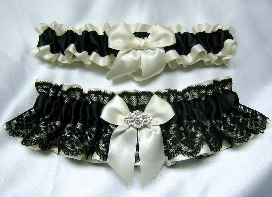 Ivory Satin And Black Lace Wedding Garter Set - W/ Real Crystal ...