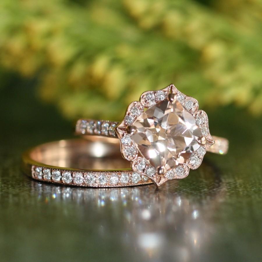 Vintage Floral Morganite Engagement Ring Diamond Wedding Band Bridal ...
