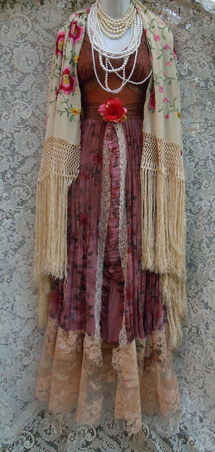 Floral Boho Dress Tea Stained Cotton Tulle Crochet Vintage Bohemian ... Gypsy Boho Dress