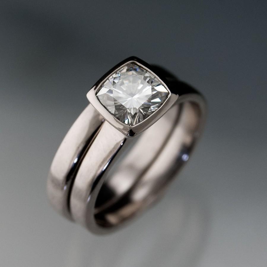 Moissanite Bezel Set Cushion Engagement Ring And Wedding Band Bridal ...