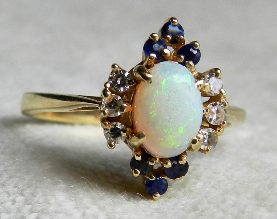 Opal Ring Vintage Opal Diamond Sapphire Engagement Ring 14k Yellow Gold ...