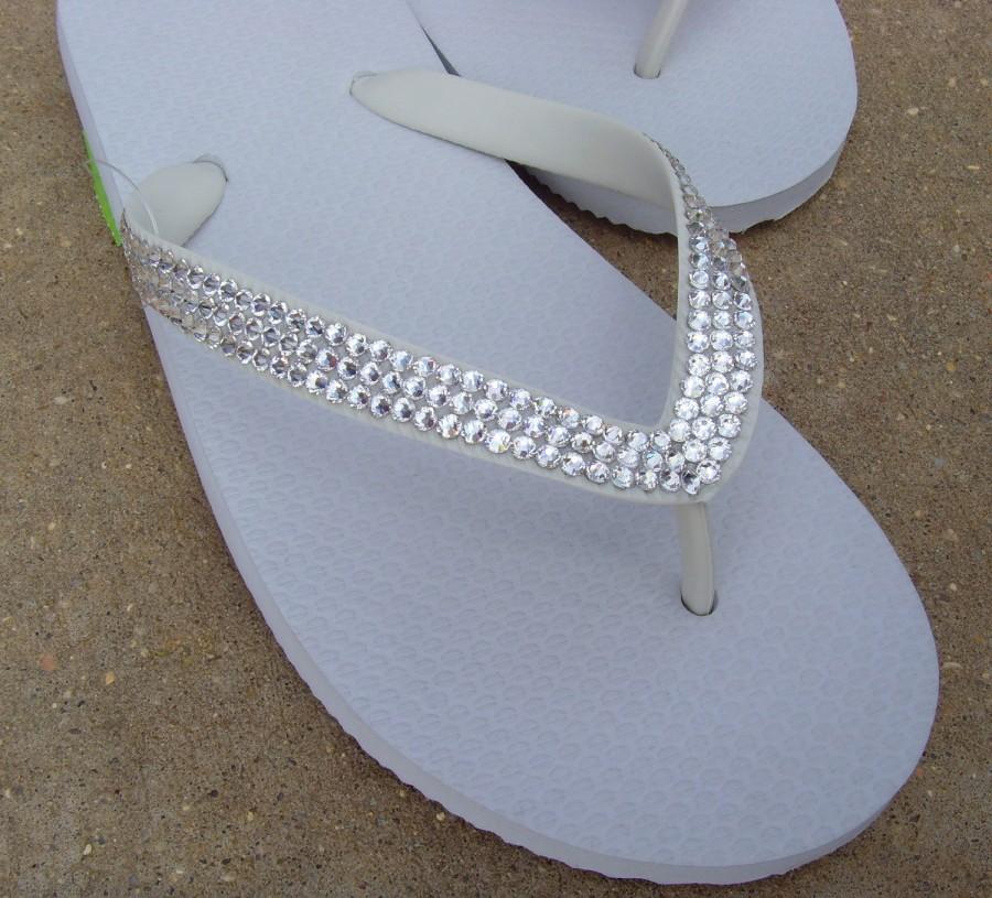 Swarovski Crystal Rhinestone Embellished White Flip Flops, Size 5, 6, 7 ...