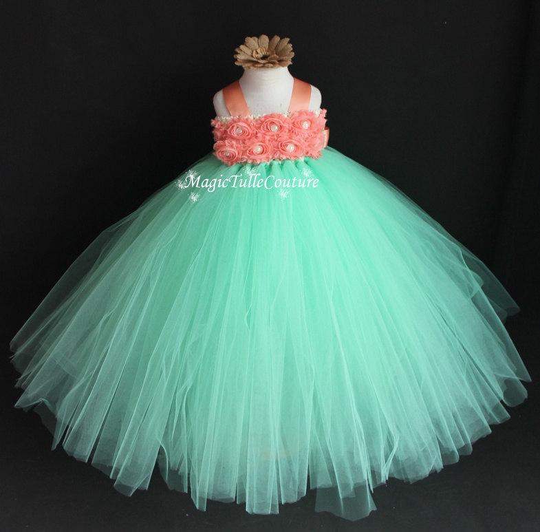 Mint And Coral Flower Girl Tutu Dress Tulle Dress Birthday Party Dress ...