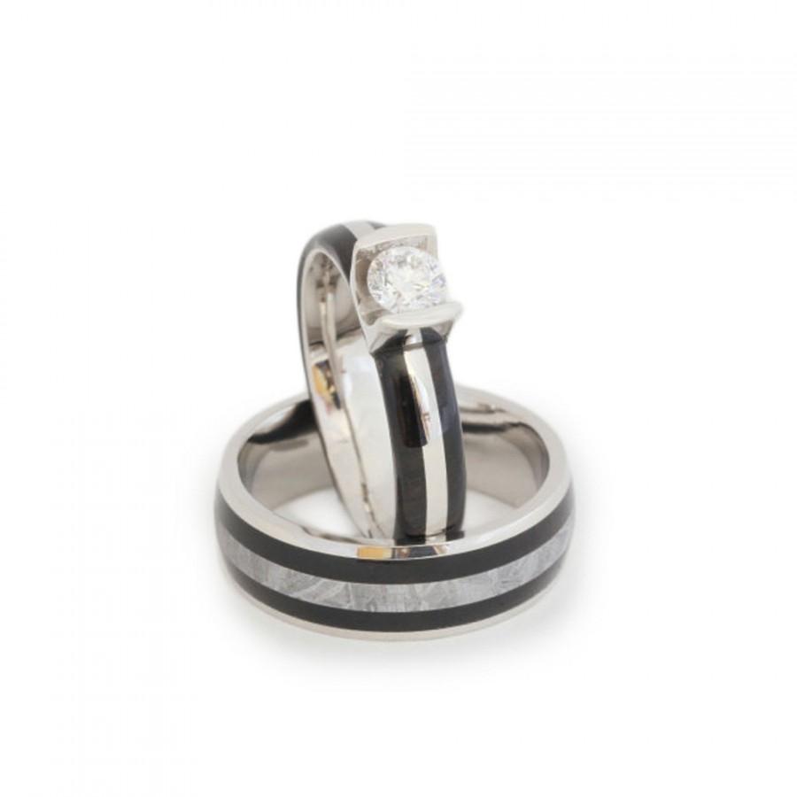 Diamond Engagement Ring Wedding Band Set, Meteorite And Wood Inlay Ring ...