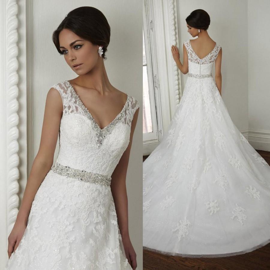 Well-Sold V Neck Sleeveless Beaded Lace Wedding Dress Applique A Line ...
