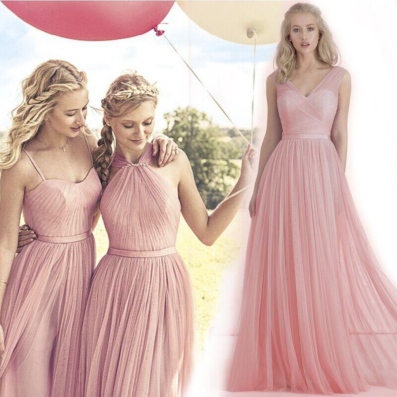 2016 New Blush Pink Flowing A Line Tulle Bridesmaid Dresses Convertible ...