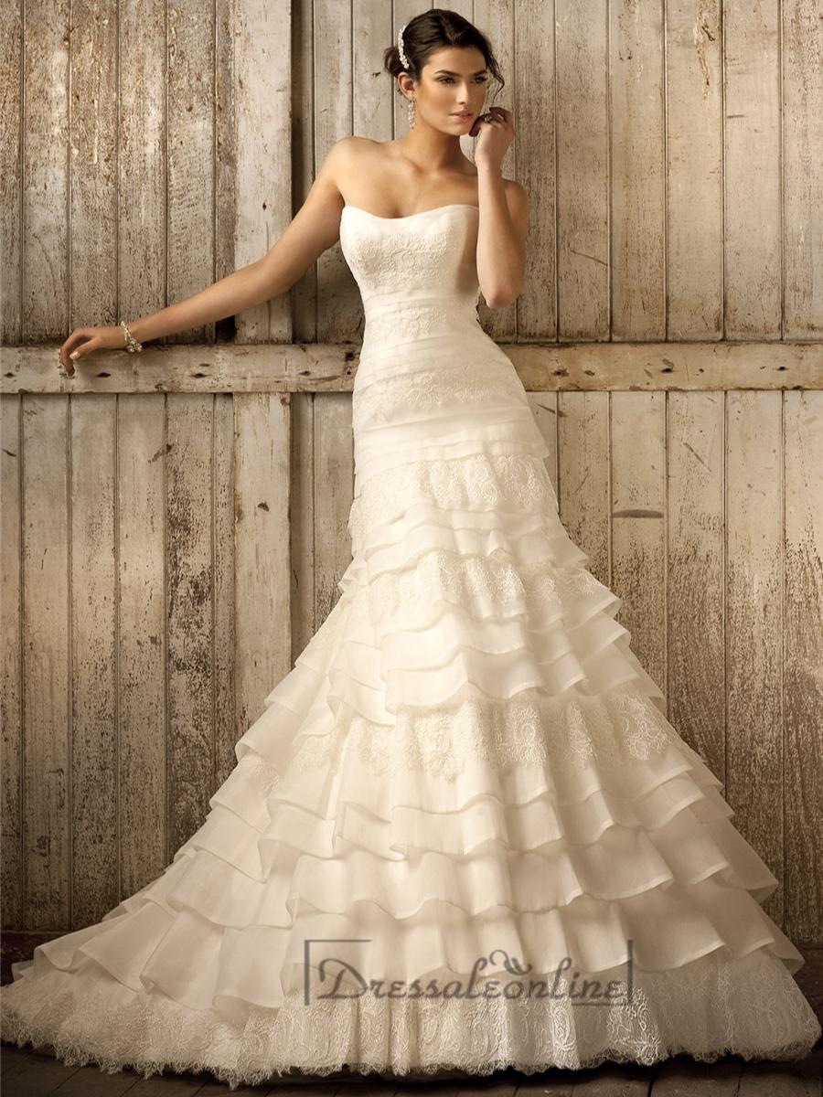 Strapless A-line Scoop Neckline Tiered Ruffled Vintage Wedding Dresses ...