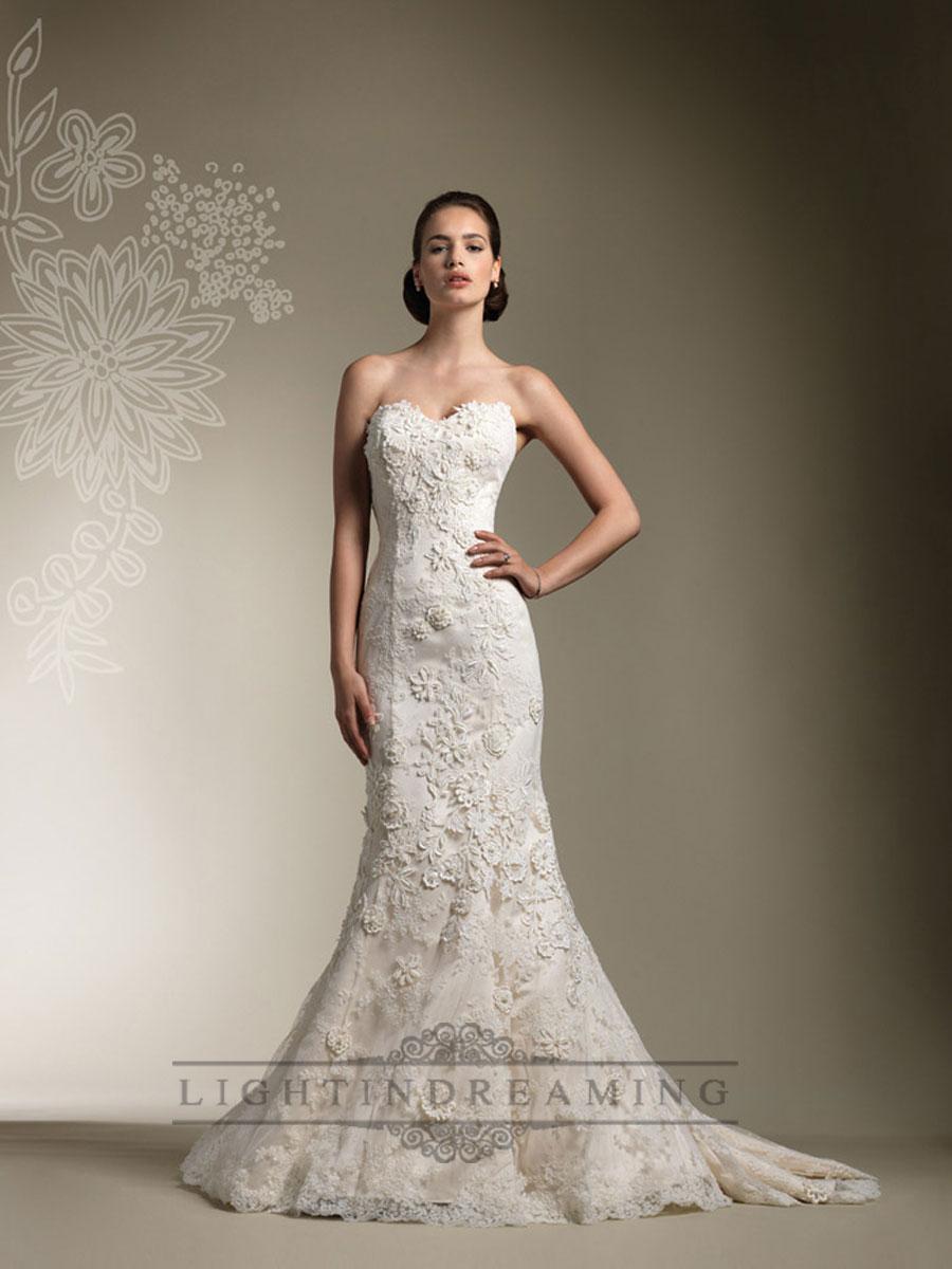Trumpet Lace Appliques Beaded All Lace Over Wedding Dresses With Long ...