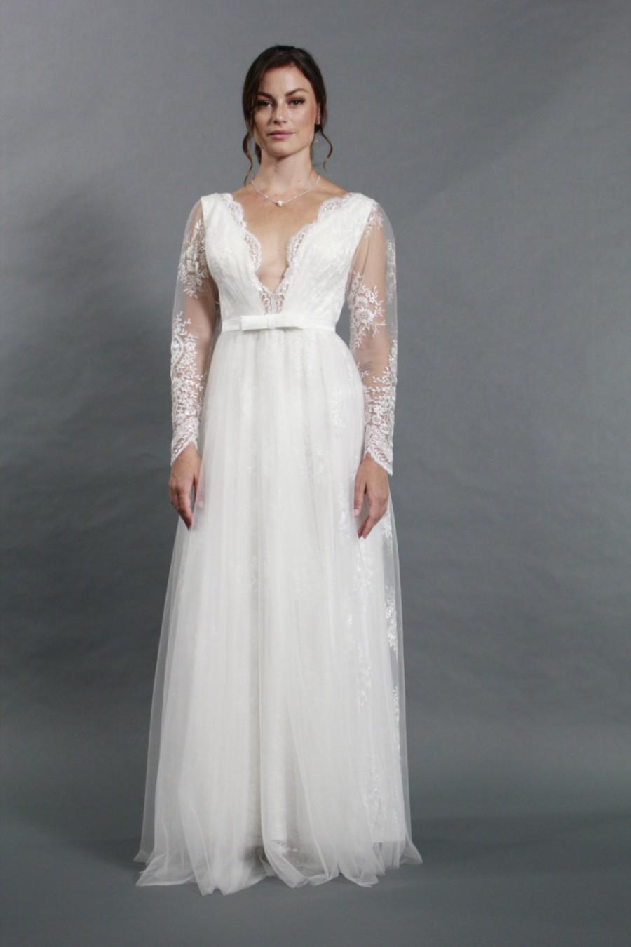 Sexy Deep V Neckline Long Sleeves Lace A Line Wedding Dress #2447280 ...