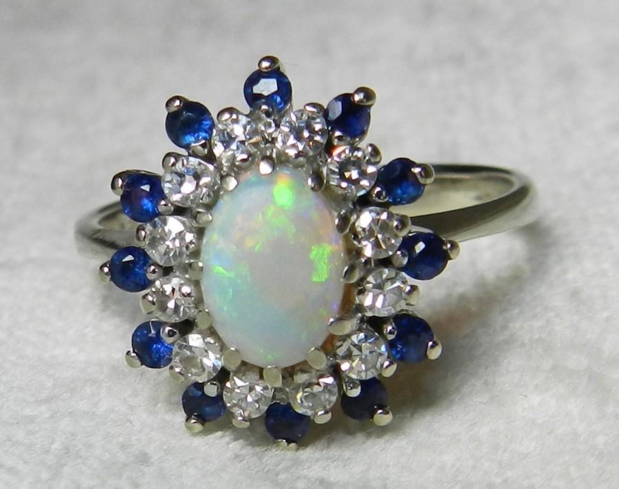 Opal Engagement Ring 14K Opal Diamond Sapphire Ring Art Deco Black Opal ...