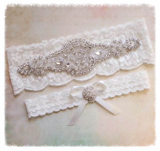 Ivory Or White Lace Bridal / Wedding Garter Set With Crystal Rhinestone ...